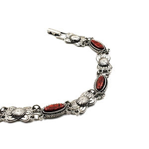 Vintage Goldette NY Red Faux-Turquoise Link Bracelet – Etched Silvertone – Rare